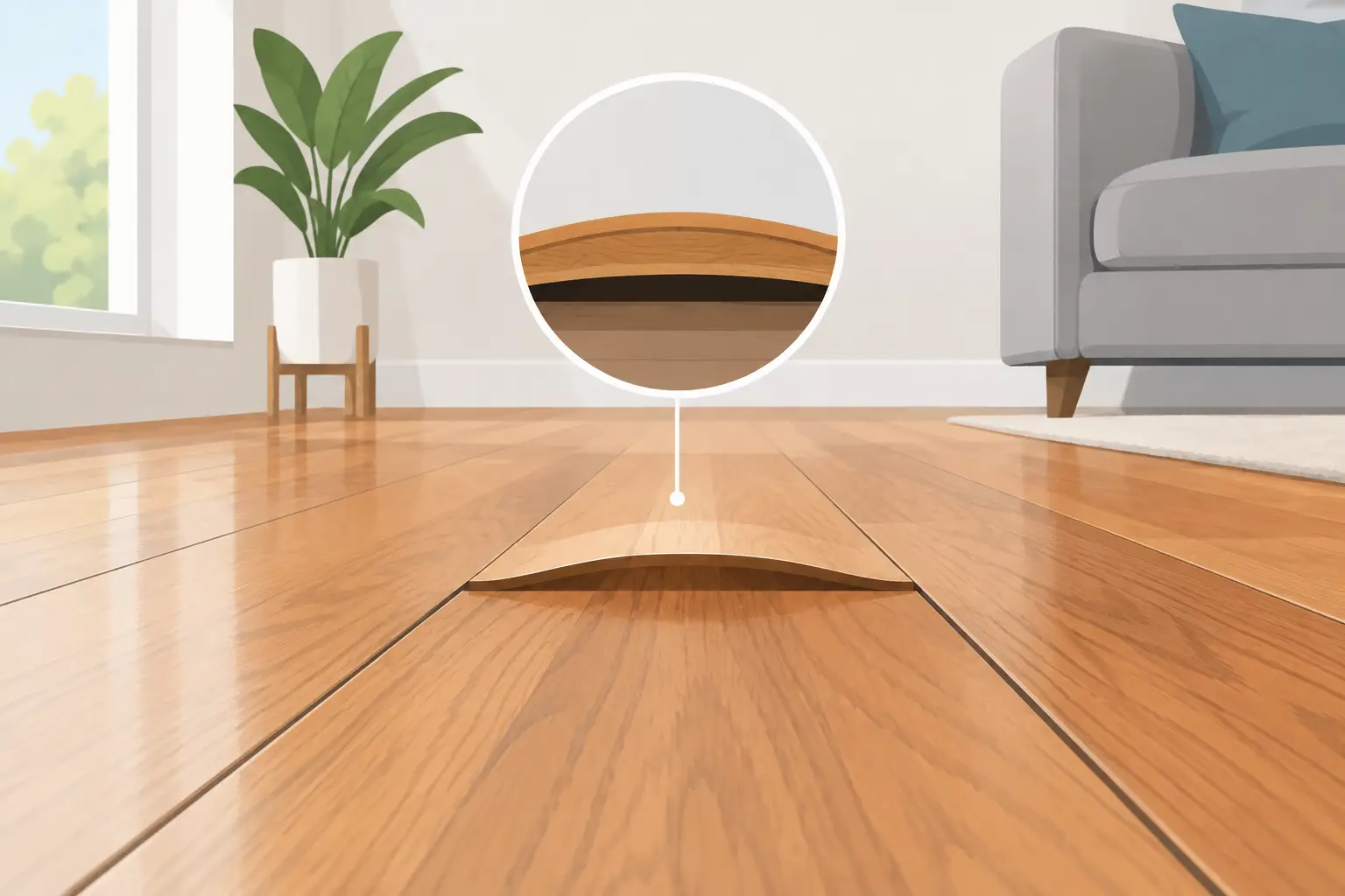 Crowned hardwood flooring showing raised centers caused by moisture damage