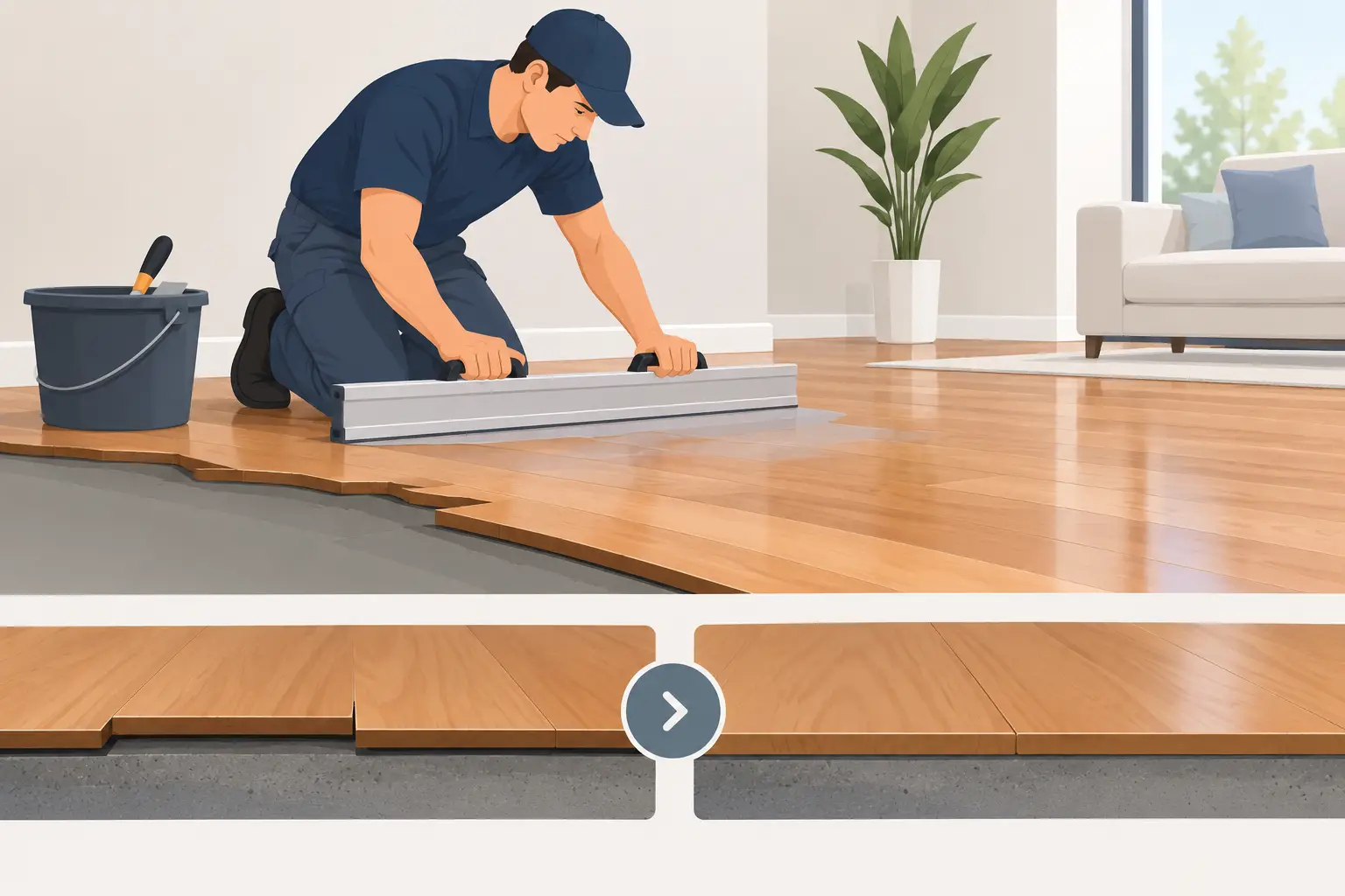 National Floors repairing uneven hardwood flooring before sanding and refinishing
